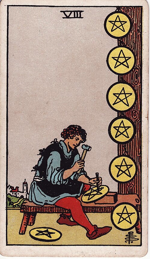 錢幣八(Eight of Pentacles)塔羅牌